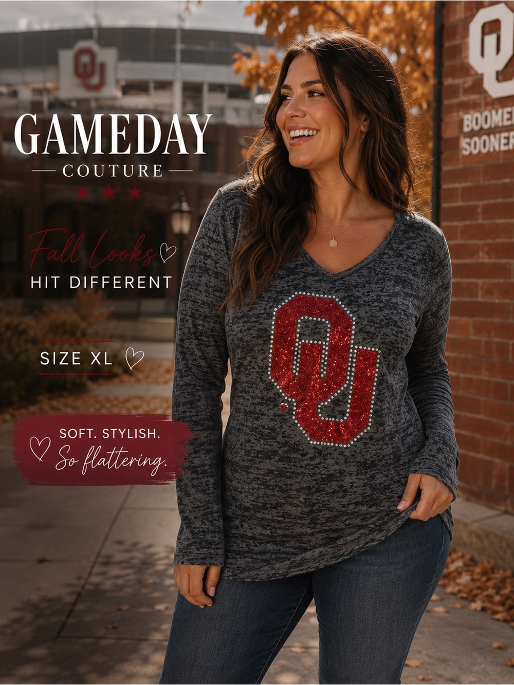 Gameday Couture size XL V-Neck Long Sleeve burnout knit top Oklahoma Sooners OU